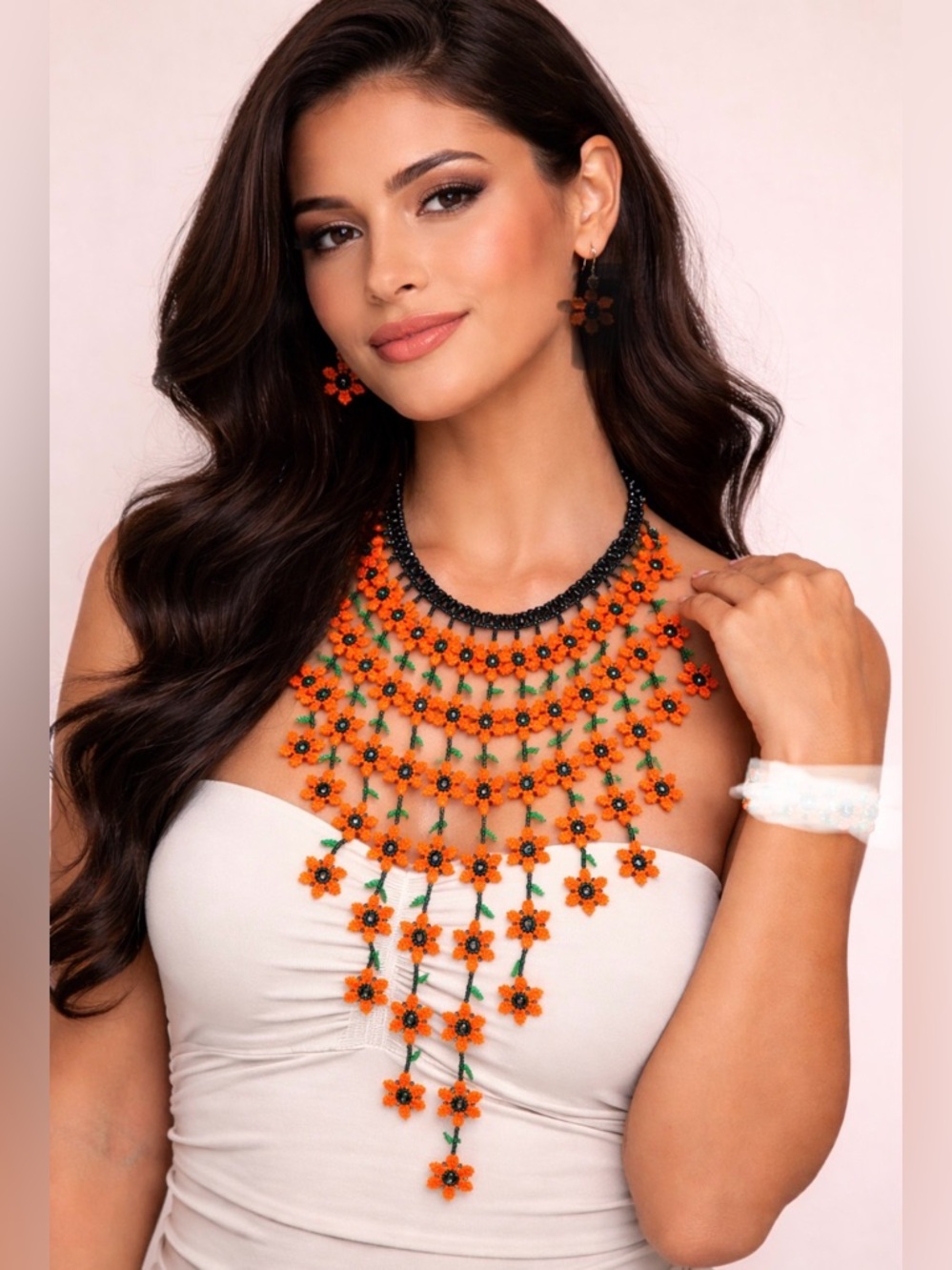 Handmade Floral Beaded Necklace, bracelet and Earring Set.